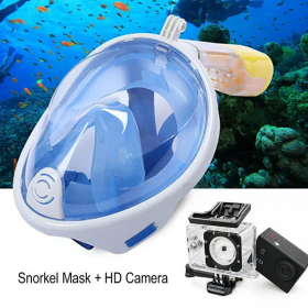 Full Face Snorkel Mask with Optional HD 1080P Action Sports Camera (Color: Blue)