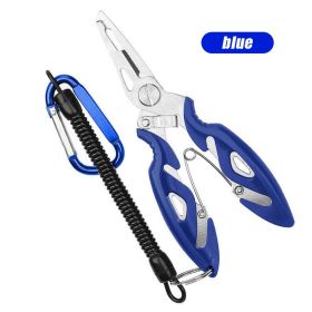 Luya Pliers Stainless Steel Curved Mouth Fish Line Scissors Multi-functional Clip Fish Line Sub Ring Opening Fishing Tools (Color: Blue with rope)